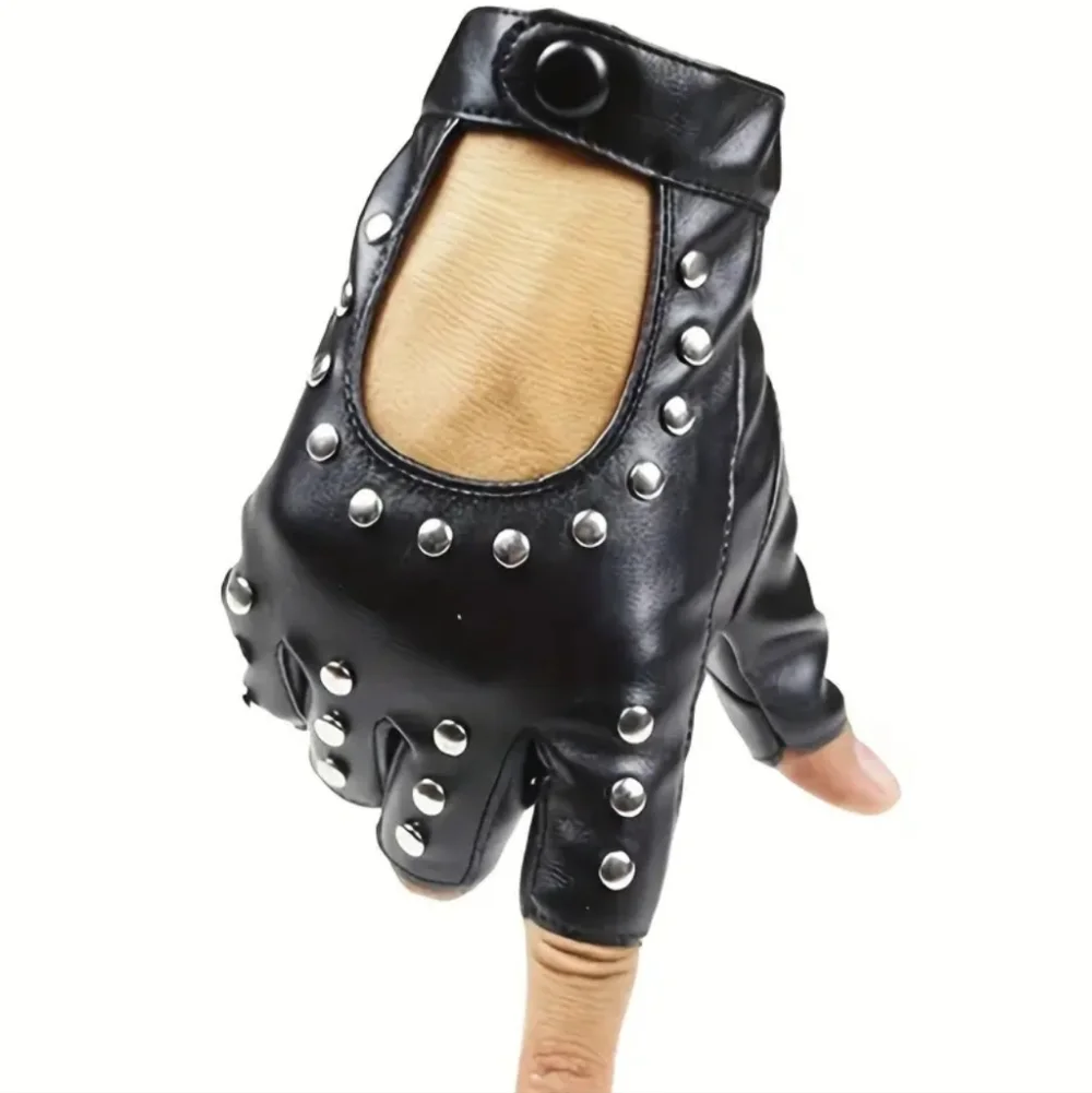 Black Faux Leather Studded Fingerless Gloves W/Snap Button Wrist Closure (OS)